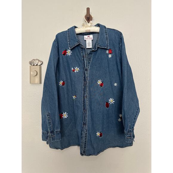 Rare Quacker Factory women's 1x denim button-up shirt embroidered ladybugs - Picture 2 of 12